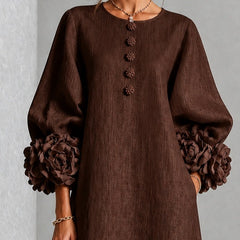 Beverly Rosette-Cuff Midi Dress, Flowing A-Line Midi Dress with Floral Sleeve Detail