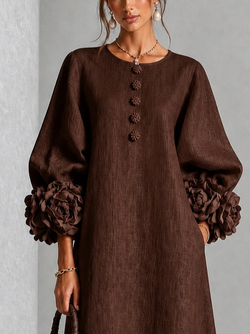 Beverly Rosette-Cuff Midi Dress, Flowing A-Line Midi Dress with Floral Sleeve Detail
