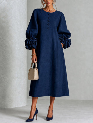 Danica Floral-Cuff Midi Dress with Gathered Sleeves