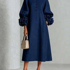 Danica Floral-Cuff Midi Dress with Gathered Sleeves
