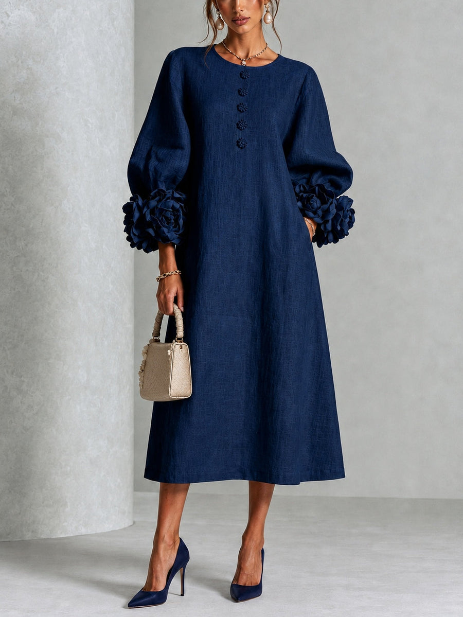 Danica Floral-Cuff Midi Dress with Gathered Sleeves