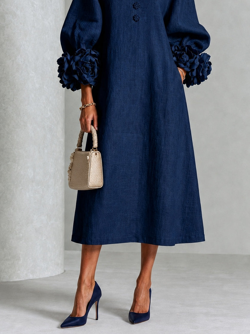 Danica Floral-Cuff Midi Dress with Gathered Sleeves
