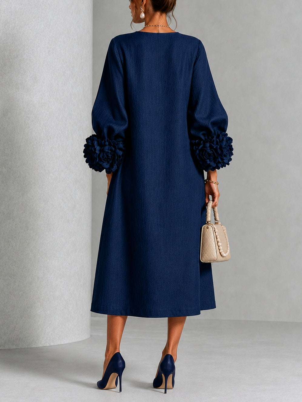 Danica Floral-Cuff Midi Dress with Gathered Sleeves