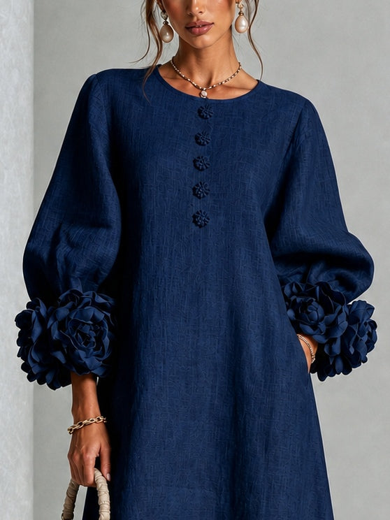 Danica Floral-Cuff Midi Dress with Gathered Sleeves