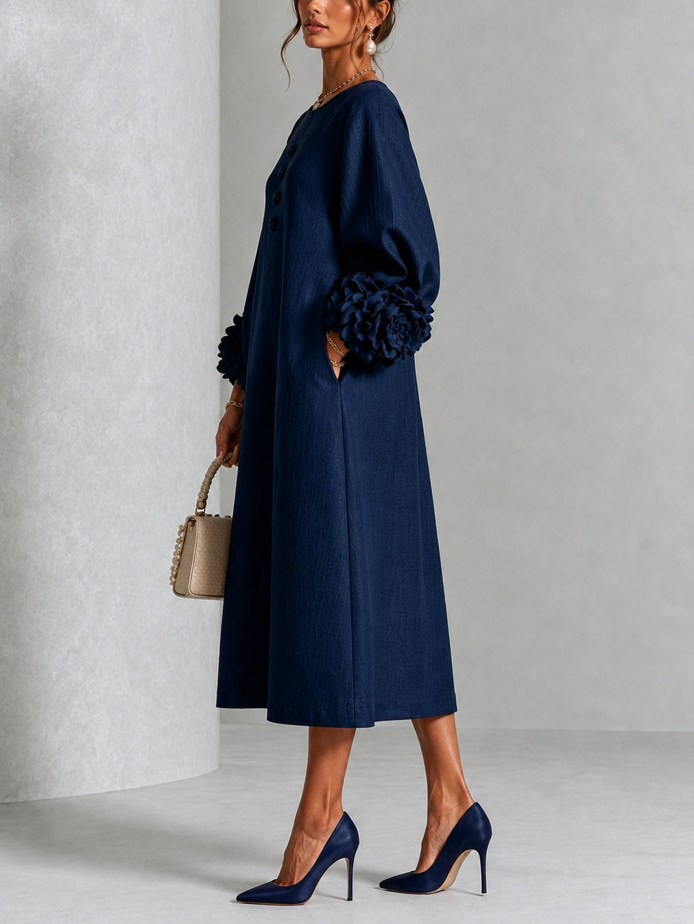 Danica Floral-Cuff Midi Dress with Gathered Sleeves
