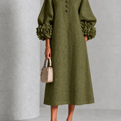 Wilhelmina Floral-Cuff Midi Dress with Button Placket