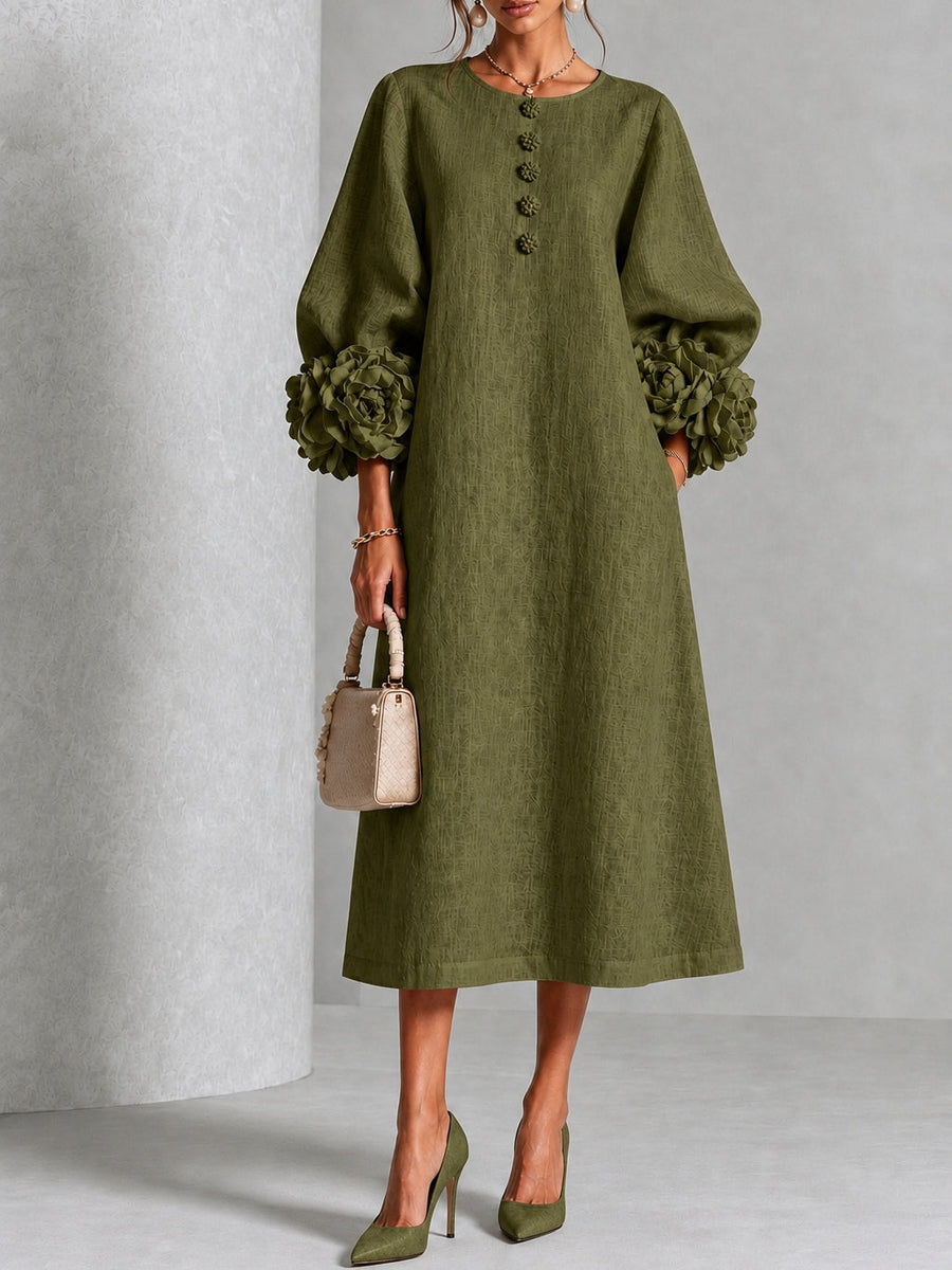 Wilhelmina Floral-Cuff Midi Dress with Button Placket