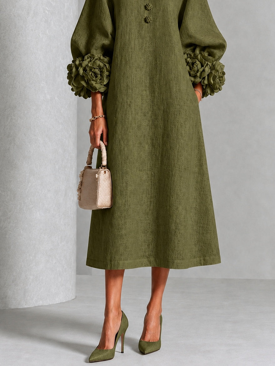 Wilhelmina Floral-Cuff Midi Dress with Button Placket
