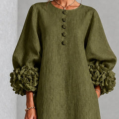 Wilhelmina Floral-Cuff Midi Dress with Button Placket