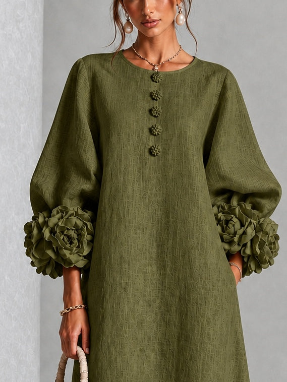 Wilhelmina Floral-Cuff Midi Dress with Button Placket