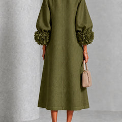 Wilhelmina Floral-Cuff Midi Dress with Button Placket