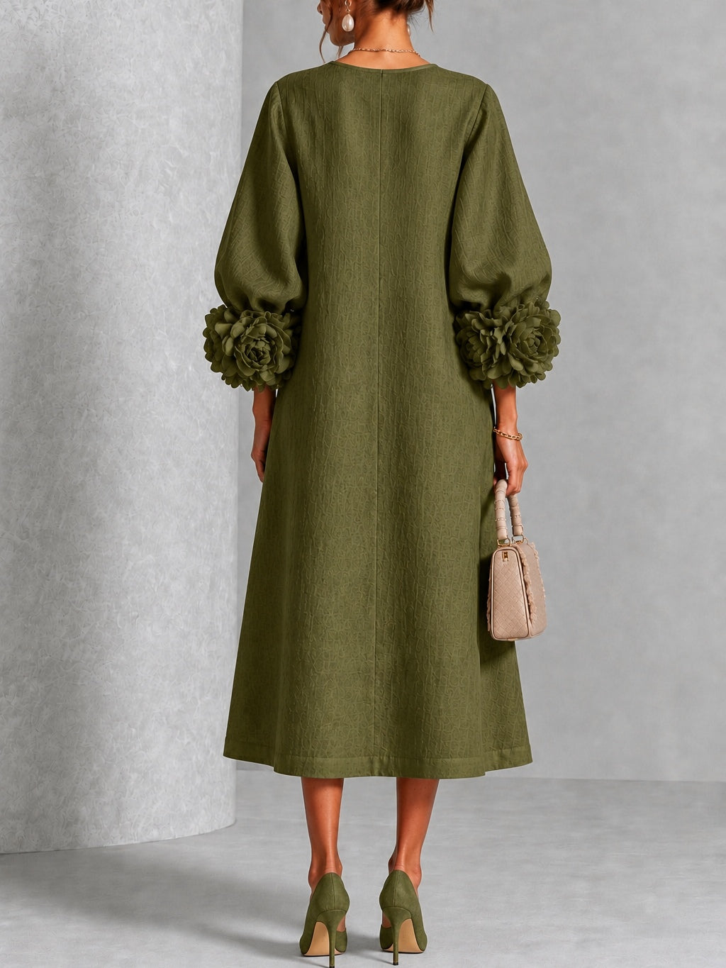 Wilhelmina Floral-Cuff Midi Dress with Button Placket