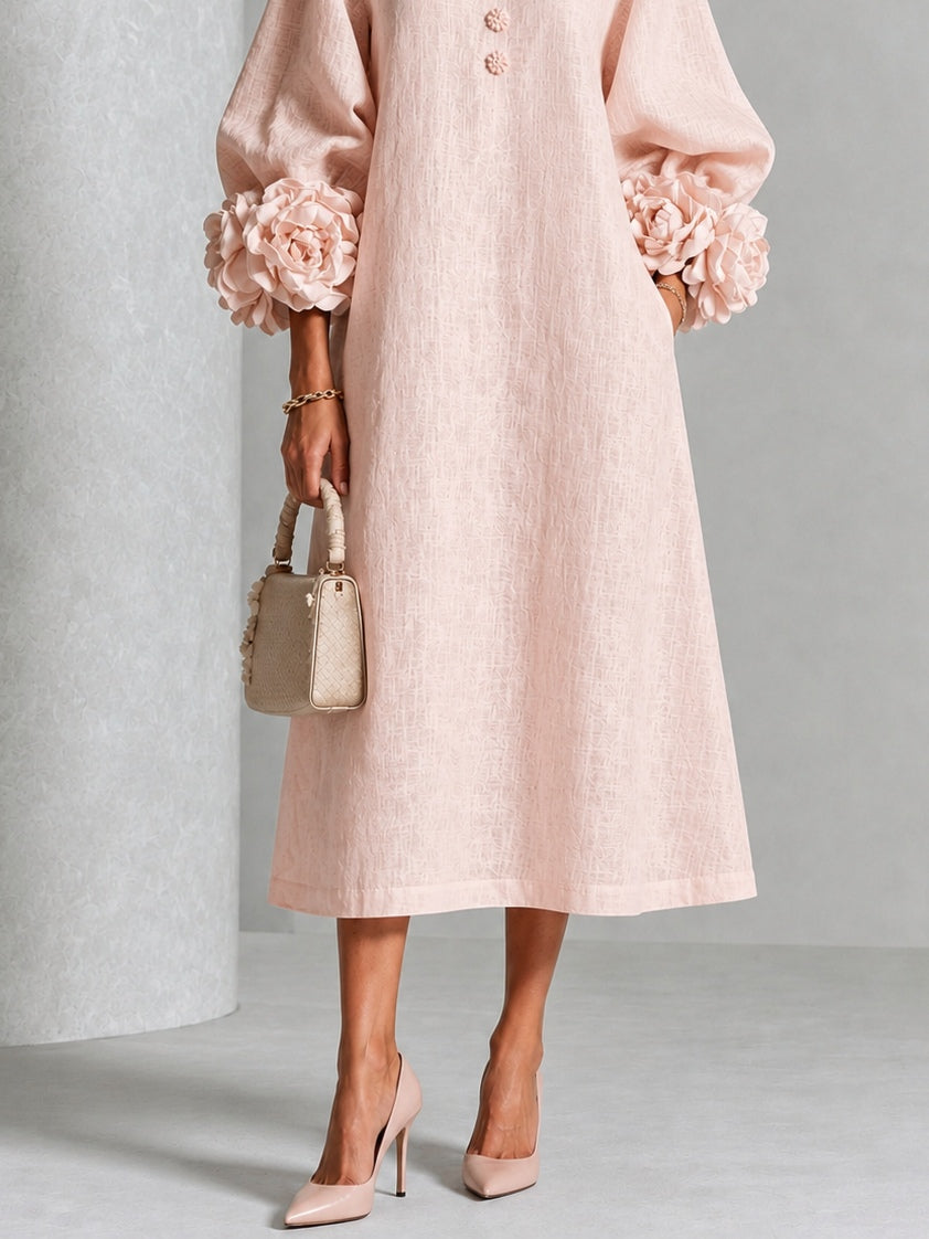 Rosetta Floral-Cuff Buttoned Midi Dress | Buttoned Floral-Cuff Midi Dress
