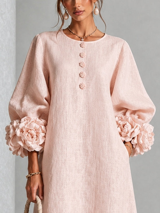 Rosetta Floral-Cuff Buttoned Midi Dress | Buttoned Floral-Cuff Midi Dress