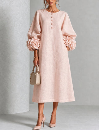 Rosetta Floral-Cuff Buttoned Midi Dress | Buttoned Floral-Cuff Midi Dress
