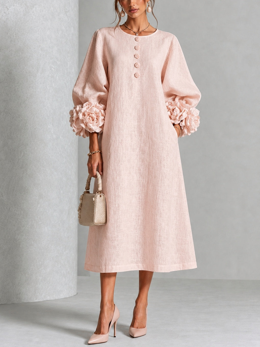 Rosetta Floral-Cuff Buttoned Midi Dress | Buttoned Floral-Cuff Midi Dress
