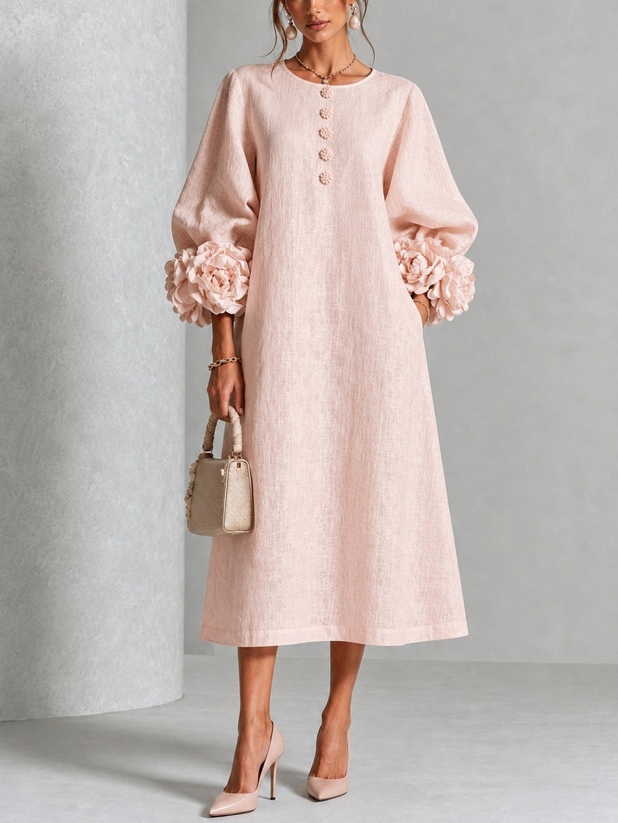Rosetta Floral-Cuff Buttoned Midi Dress | Buttoned Floral-Cuff Midi Dress