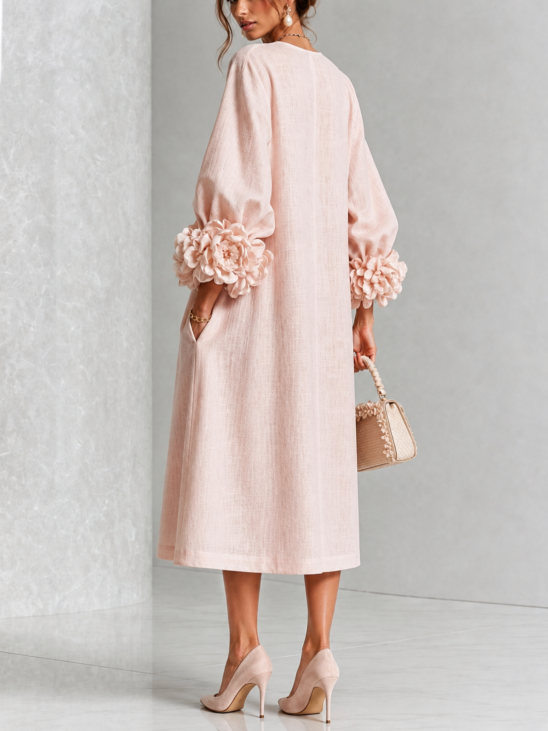 Rosetta Floral-Cuff Buttoned Midi Dress | Buttoned Floral-Cuff Midi Dress