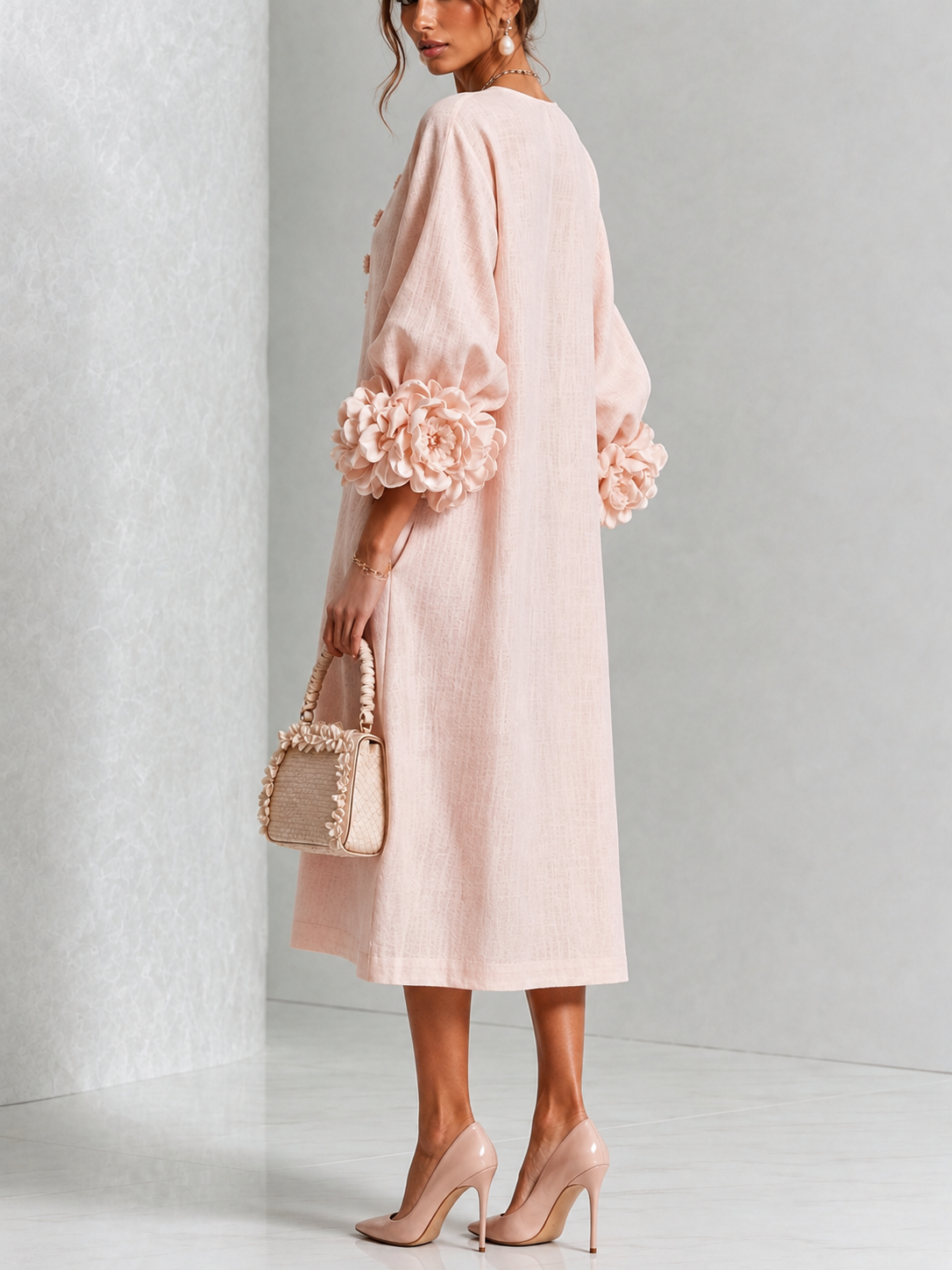 Rosetta Floral-Cuff Buttoned Midi Dress | Buttoned Floral-Cuff Midi Dress