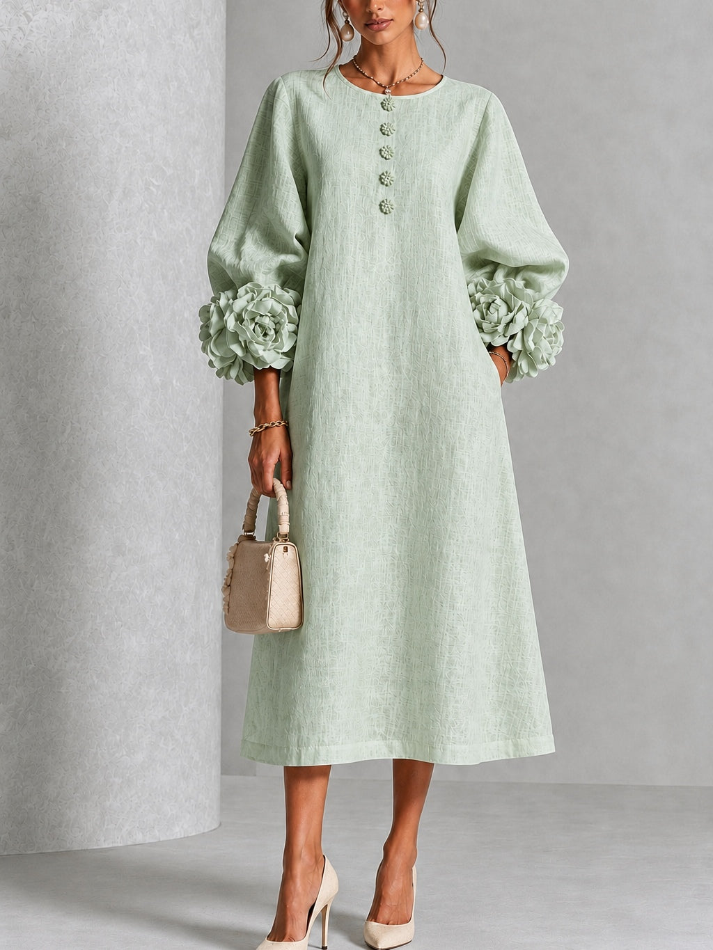 Eloise Floral-Cuff Midi Dress
