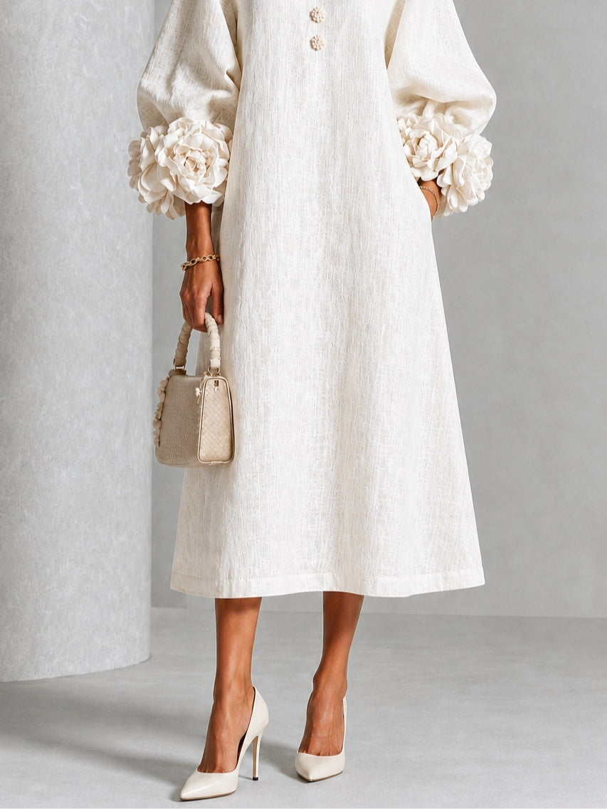 Henrietta Floral-Cuff Buttoned Midi Dress