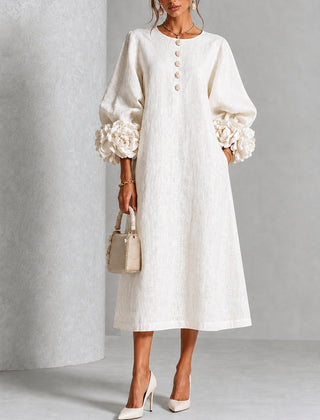 Henrietta Floral-Cuff Buttoned Midi Dress