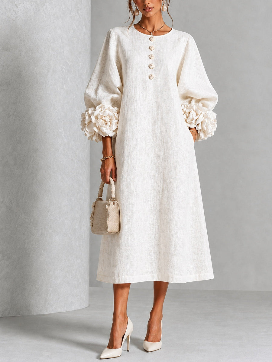 Henrietta Floral-Cuff Buttoned Midi Dress