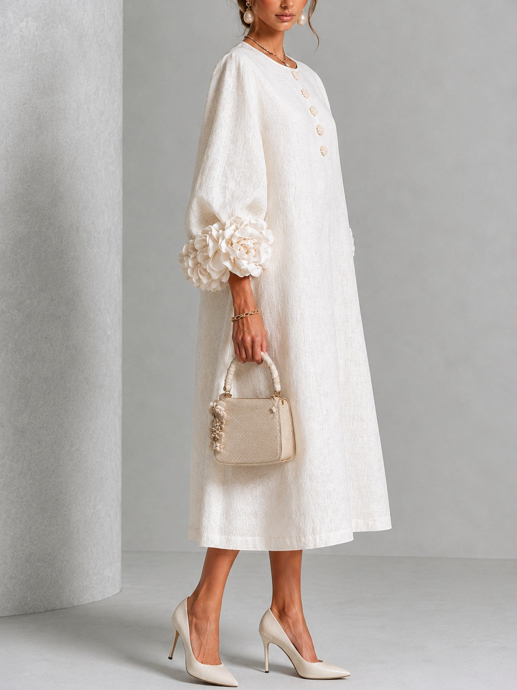 Henrietta Floral-Cuff Buttoned Midi Dress