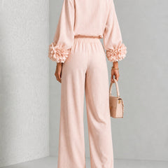 Carys Floral Cuff Two-Piece Set with Wide-Leg Trousers