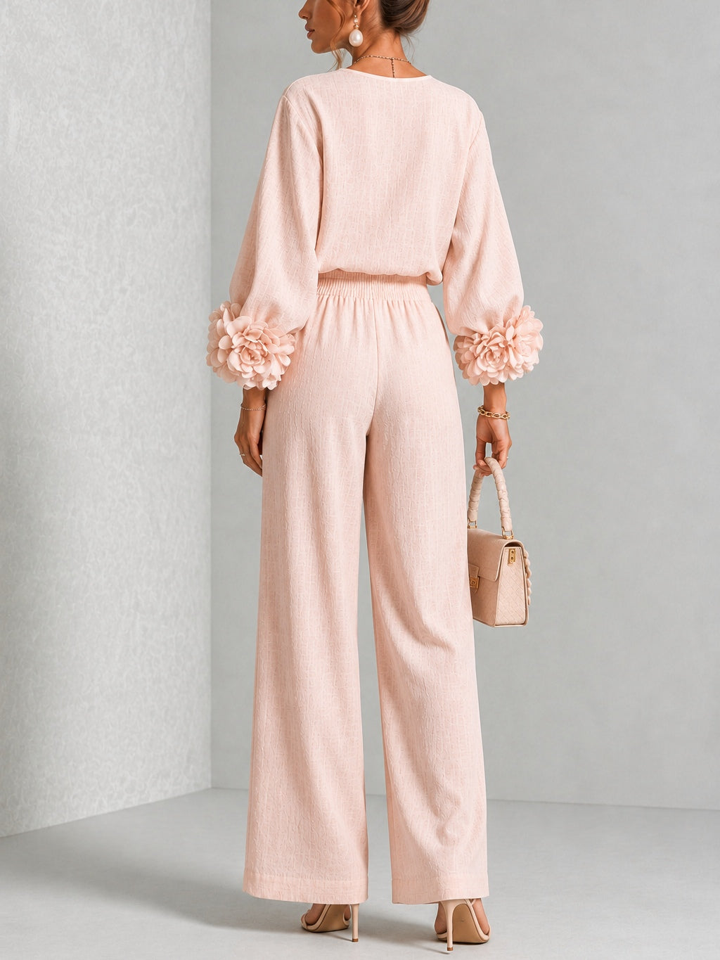 Carys Floral Cuff Two-Piece Set with Wide-Leg Trousers