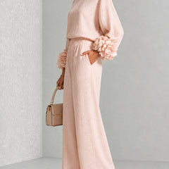 Carys Floral Cuff Two-Piece Set with Wide-Leg Trousers