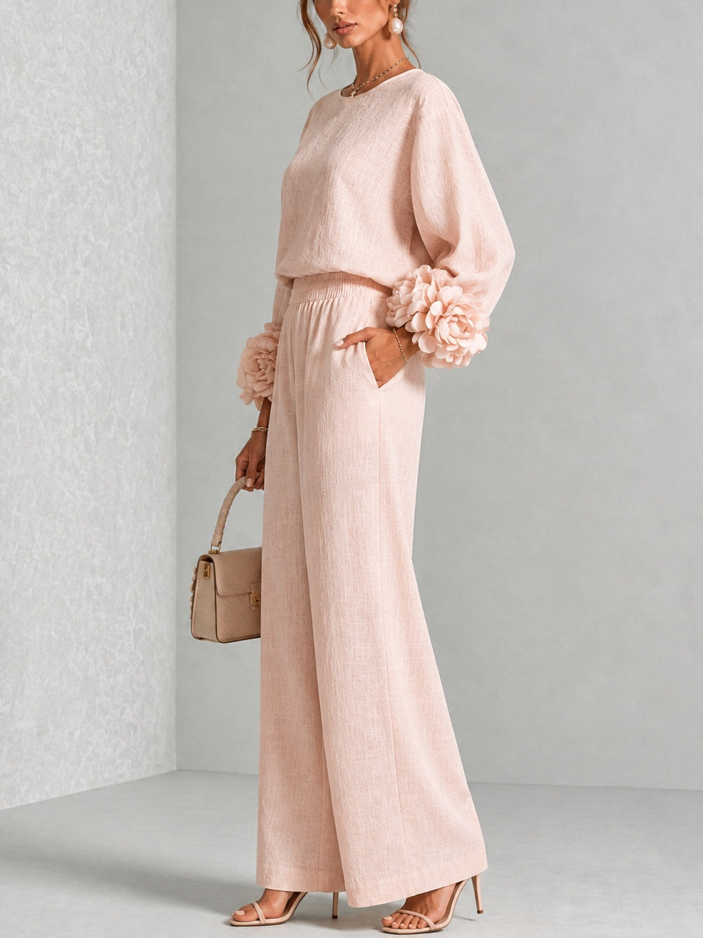Carys Floral Cuff Two-Piece Set with Wide-Leg Trousers