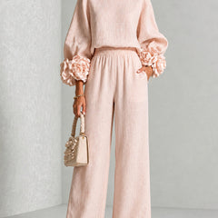Carys Floral Cuff Two-Piece Set with Wide-Leg Trousers