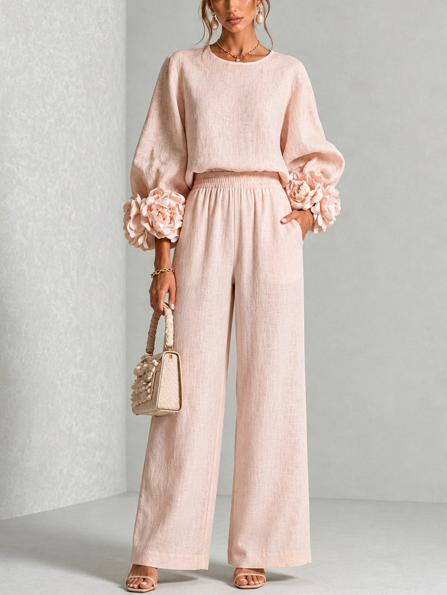 Carys Floral Cuff Two-Piece Set with Wide-Leg Trousers