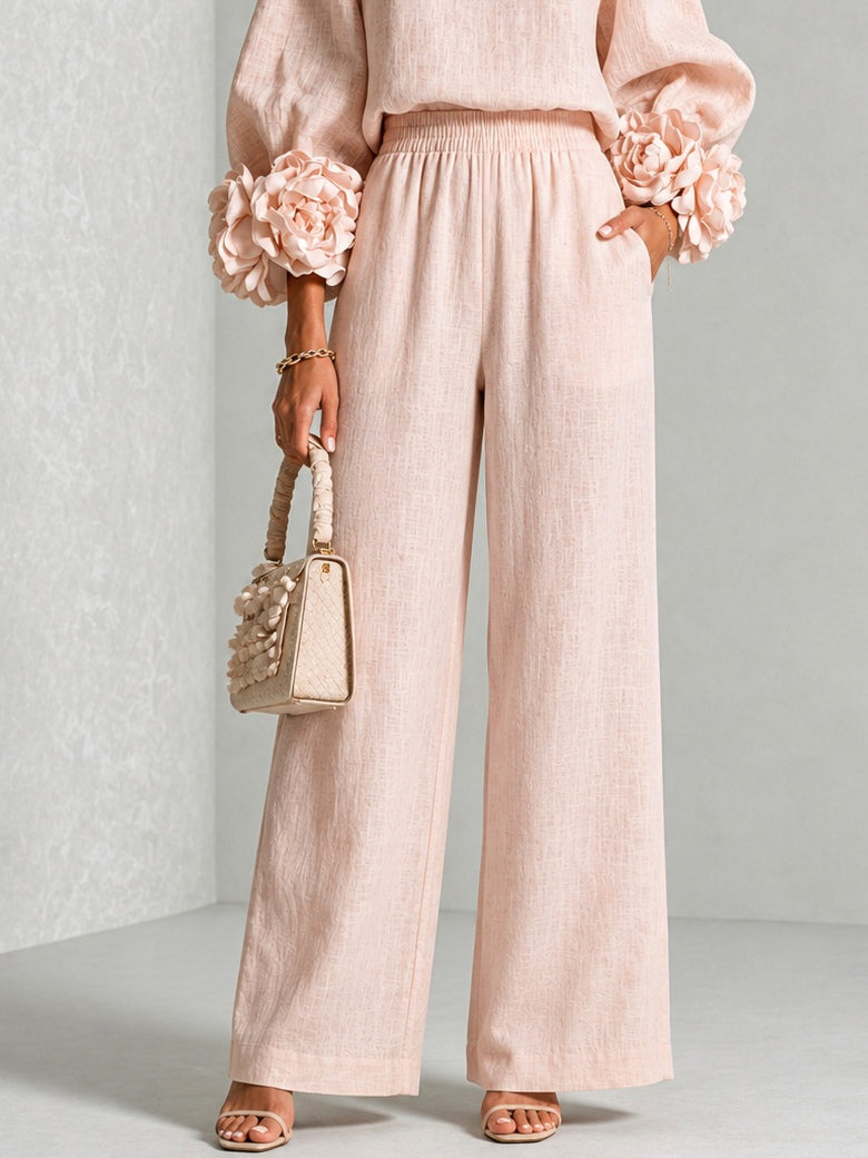 Carys Floral Cuff Two-Piece Set with Wide-Leg Trousers
