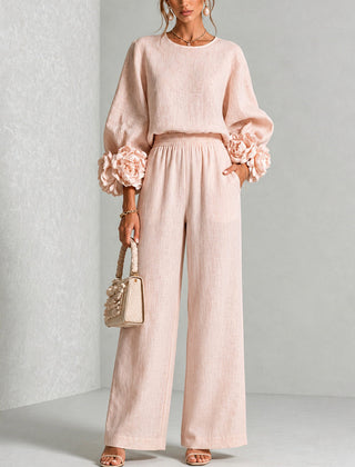 Carys Floral Cuff Two-Piece Set with Wide-Leg Trousers