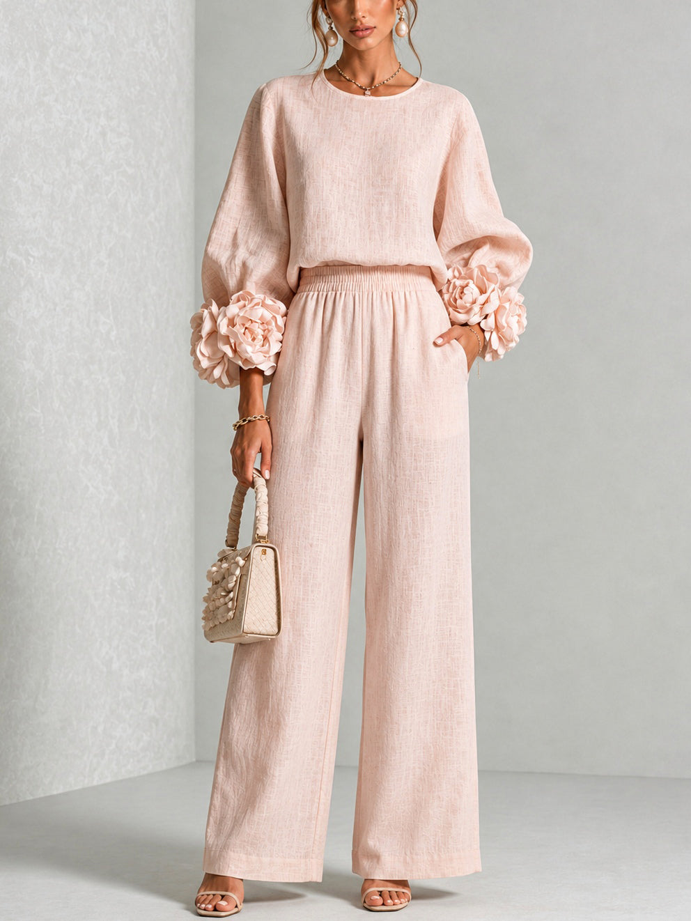 Carys Floral Cuff Two-Piece Set with Wide-Leg Trousers