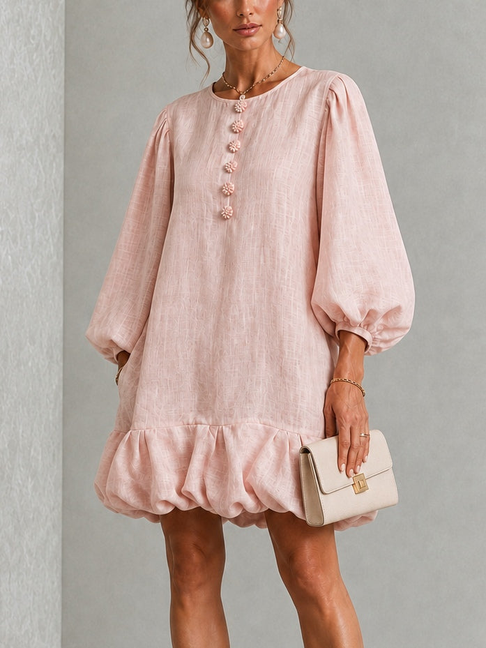Rosalyn Floral-Button Puff-Sleeve Mini Dress