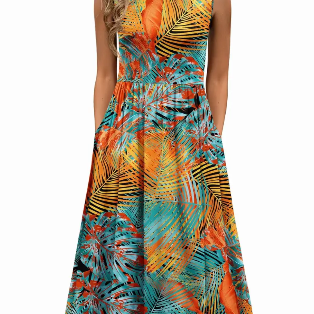 Sleeveless printed pocket midi dress