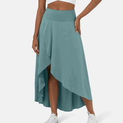 Asymmetric midi skirt shown from the side
