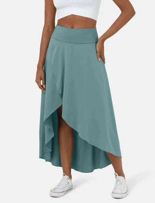 Asymmetric midi skirt shown from the side