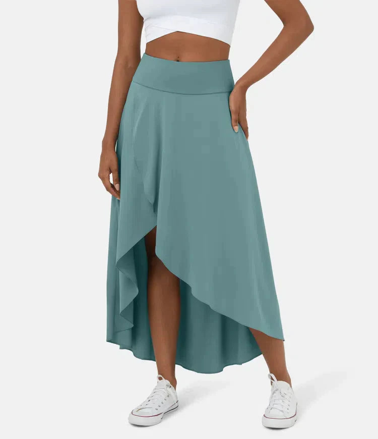 Asymmetric midi skirt shown from the side