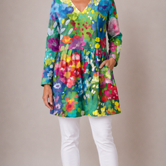 Millie long blouse with V-neck in multicolour print, front view