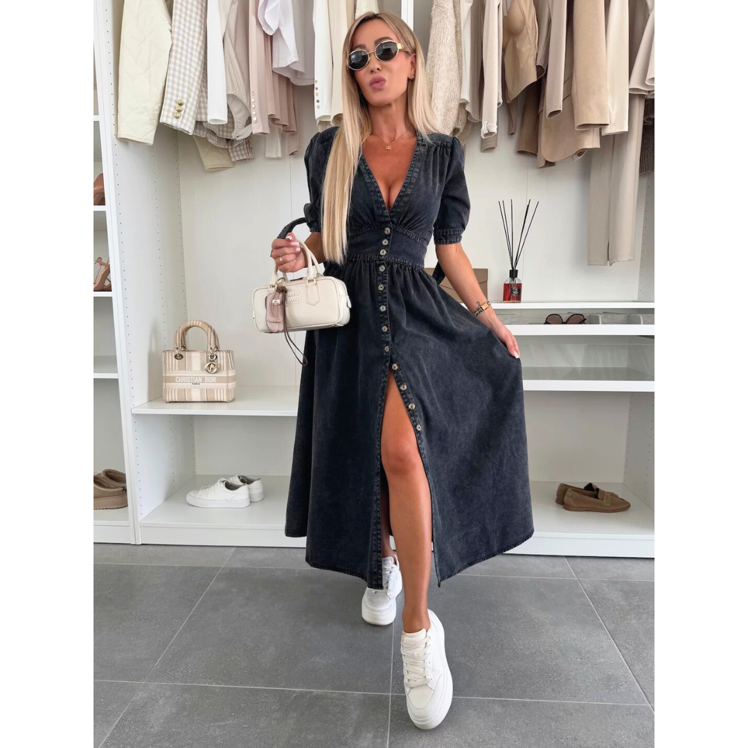 Black button front midi dress
