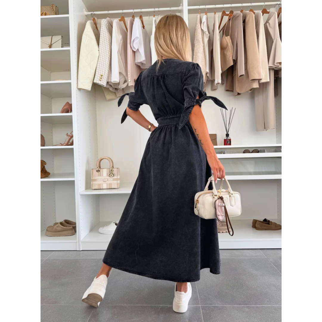Black midi dress button and neckline detail