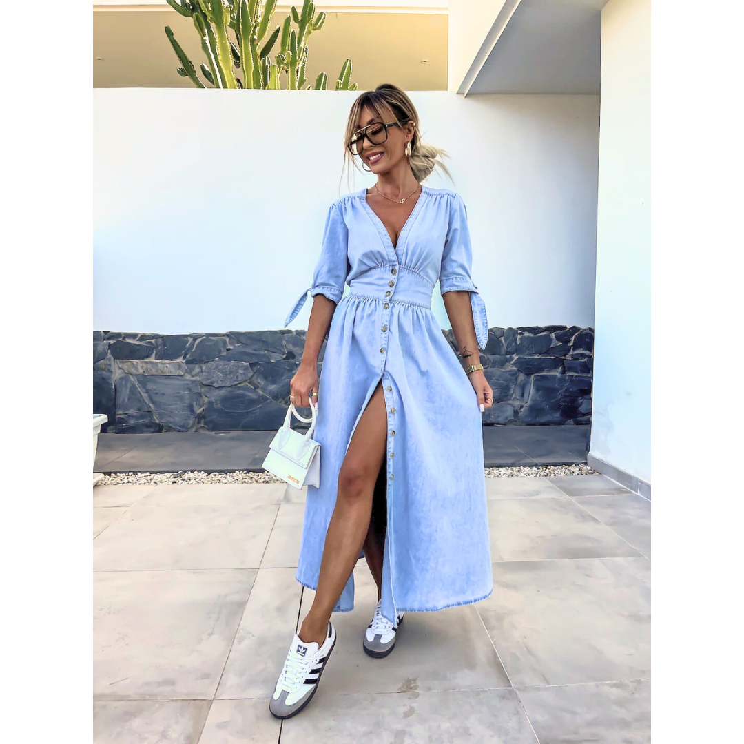 Denim blue button front midi dress