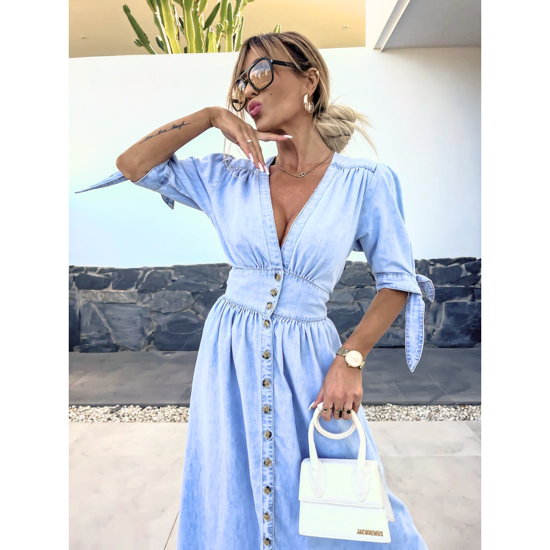 Denim blue midi dress side view