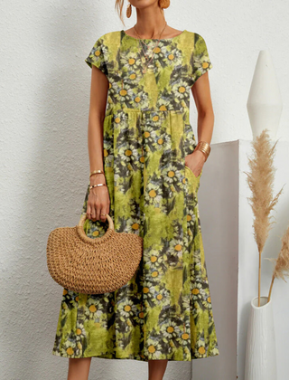 Floral midi dress with short sleeves and an A line skirt