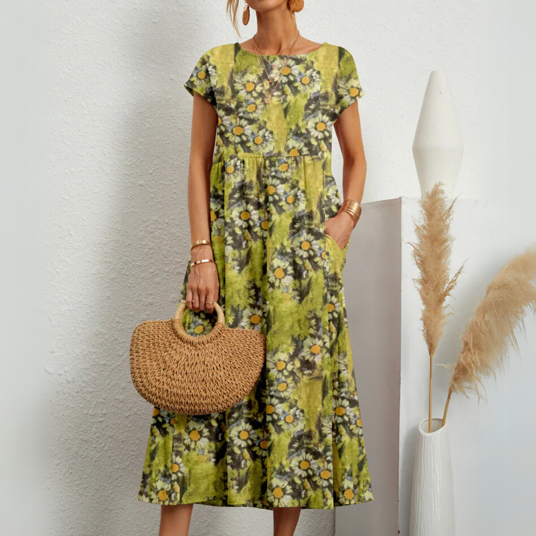 Floral midi dress with short sleeves and an A line skirt
