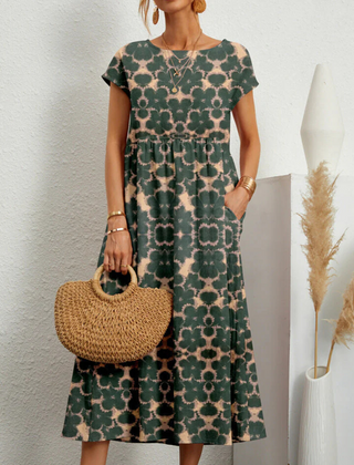 Short sleeve floral midi dress shown from the front